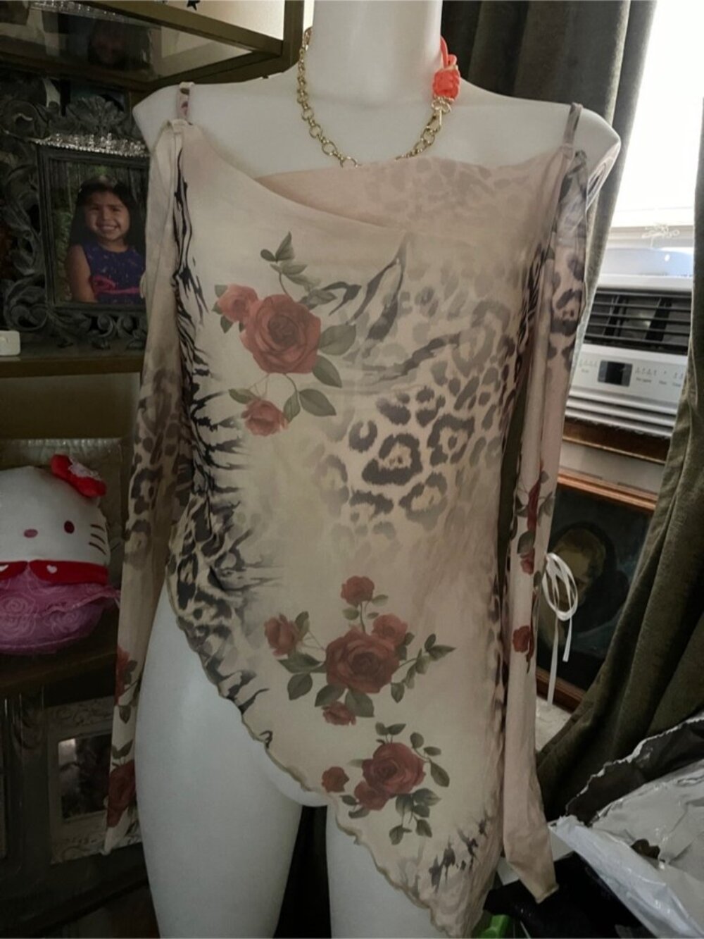 Y2K Floral Cheetah Print sheer Top Cold Shoulder Asymmetrical Lettuce Trim Shirt - Picture 4 of 7